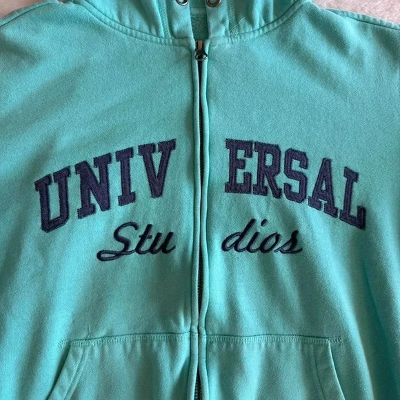 Vintage 2000s Y2K Universal Studios Turquoise Zip-Up Jacket with Hood - Picture 3 of 7